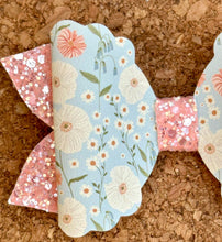 Load image into Gallery viewer, Light Blue and Peach Flowers Glitter Leatherette Bow
