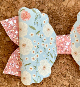 Light Blue and Peach Flowers Glitter Leatherette Bow