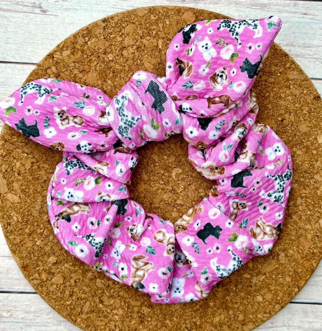 Puppies on Pink Bow Scrunchie