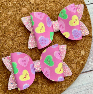 Pink Candy Hearts Glitter Leatherette Piggies Bow