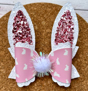 Pink Bunny Ears Glitter Layered Coco Leatherette Bow