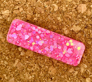 Hot Pink Hearts Rectangle Glitter Resin Clip