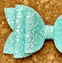 Load image into Gallery viewer, Aqua Pearl Chunky Glitter Layered Leatherette Bow
