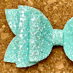 Aqua Pearl Chunky Glitter Layered Leatherette Bow