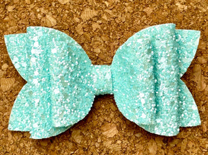 Aqua Pearl Chunky Glitter Layered Leatherette Bow