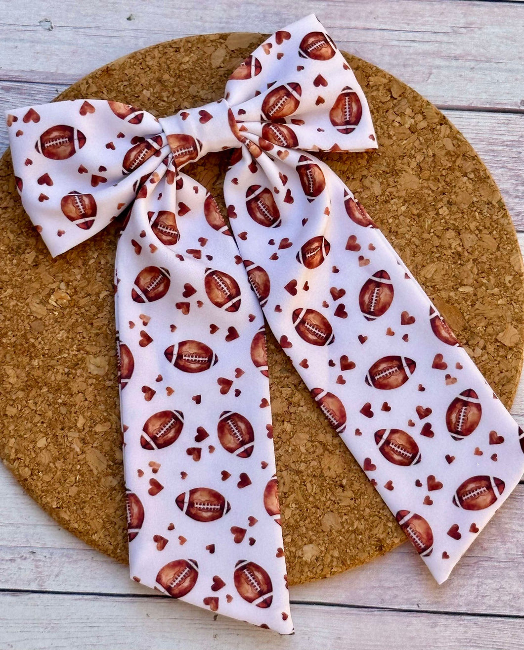 Football Hearts Long Tails Fabric Bow