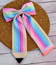 Load image into Gallery viewer, Rainbow Pencil Long Tails Fabric Bow
