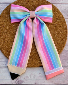 Rainbow Pencil Long Tails Fabric Bow