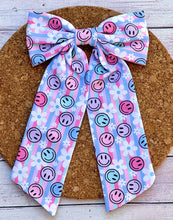 Load image into Gallery viewer, Smiley Faces Long Tails Fabric Bow
