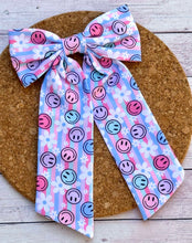 Load image into Gallery viewer, Smiley Faces Long Tails Fabric Bow
