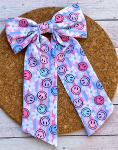 Smiley Faces Long Tails Fabric Bow