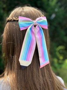 Rainbow Pencil Long Tails Fabric Bow