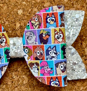 Dog Squares Glitter Layered Leatherette Bow