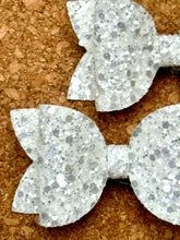 Load image into Gallery viewer, White Shiny Glitter Layered Leatherette Piggies Bow
