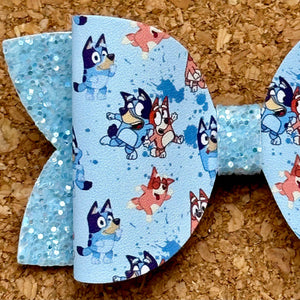 Dog Blue Splatter Glitter Layered Leatherette Bow