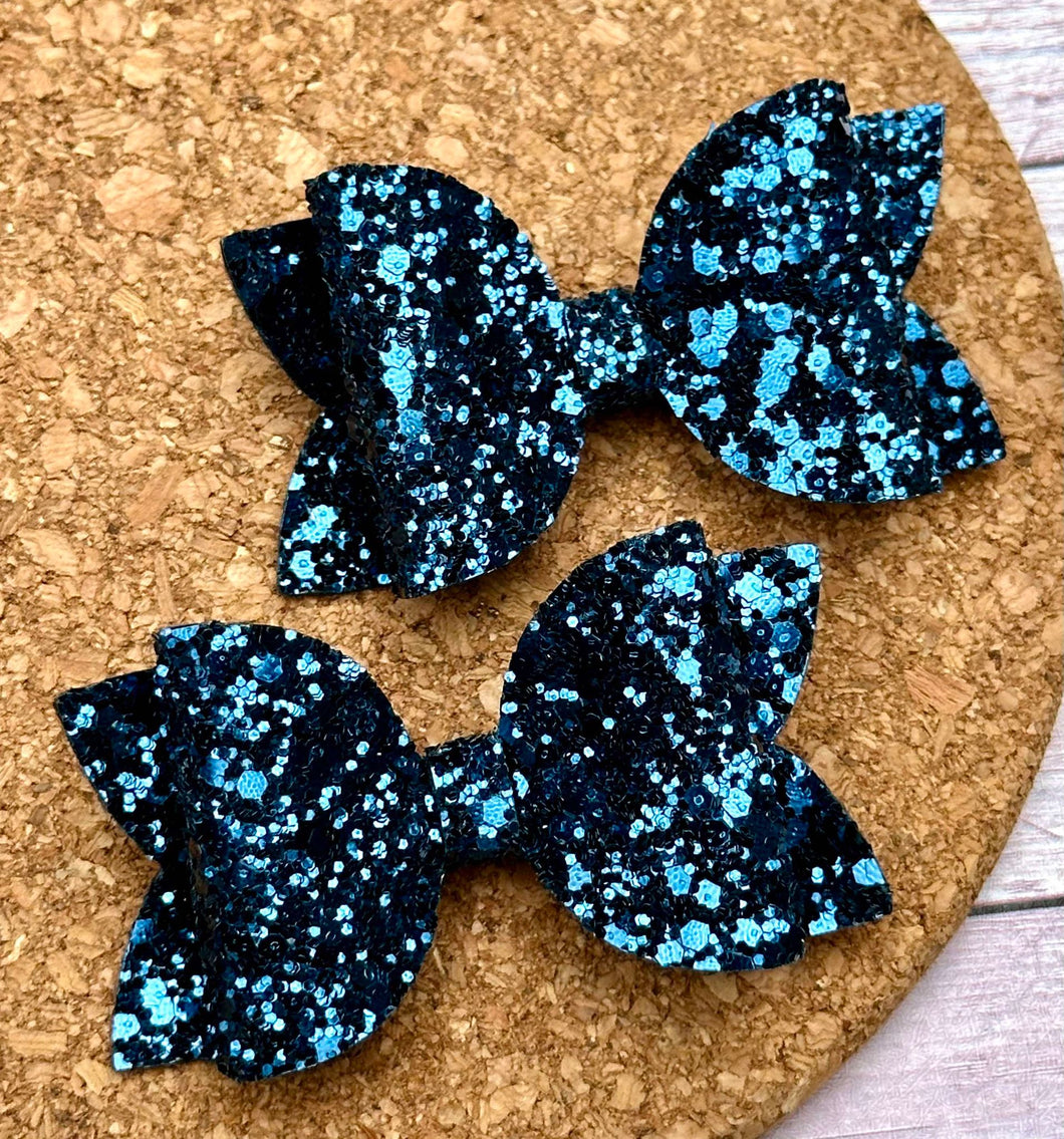 Navy Blue Glitter Layered Leatherette Piggies Bow