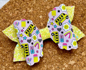 School Bus Glitter Layered Leatherette Bow