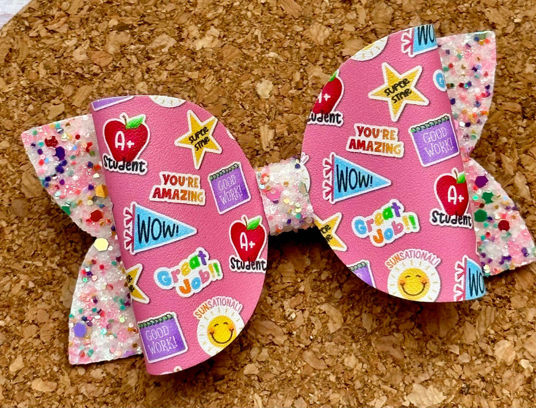 School Stickers Glitter Layered Leatherette Bow