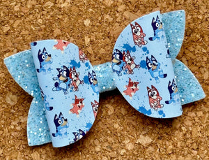 Dog Blue Splatter Glitter Layered Leatherette Bow