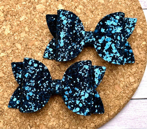 Navy Blue Glitter Layered Leatherette Piggies Bow