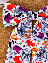 Load image into Gallery viewer, Spiderweb Witches Long Tails Fabric Bow
