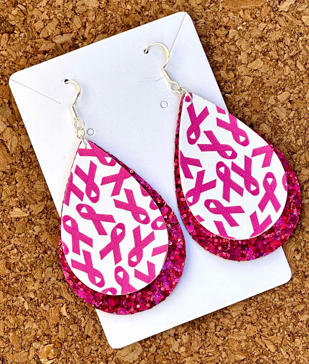 Breast Cancer Awareness Layered Glitter Teardrop Dangle Earrings