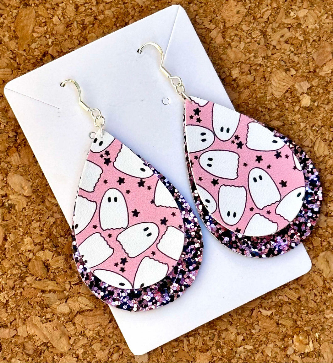 Pink Ghosts Layered Glitter Teardrop Dangle Earrings