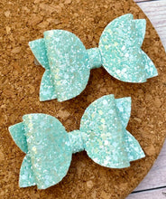 Load image into Gallery viewer, Frosted Light Blue Glitter Layered Leatherette Piggies Bow
