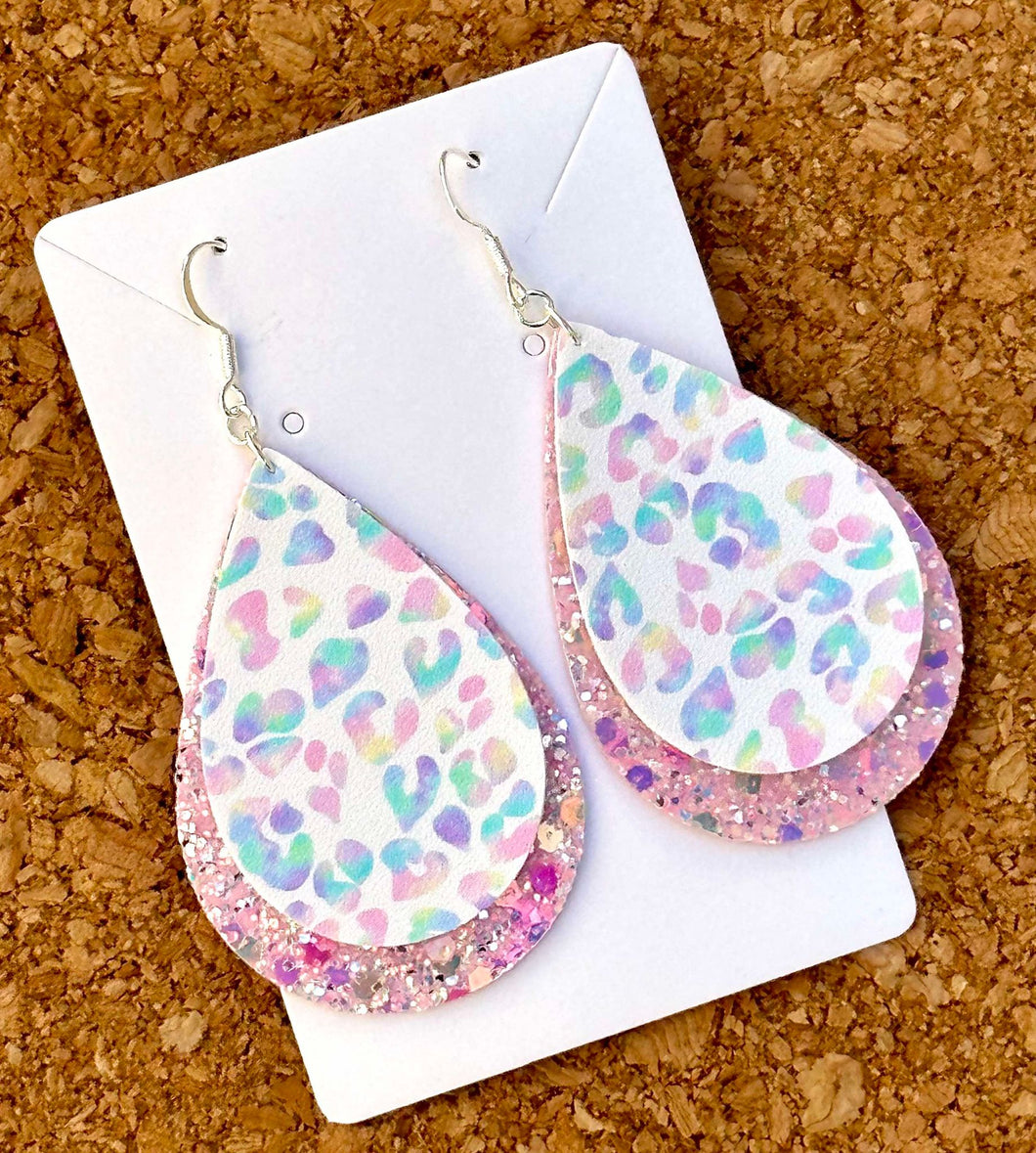 Pink Cheetah Layered Glitter Teardrop Dangle Earrings