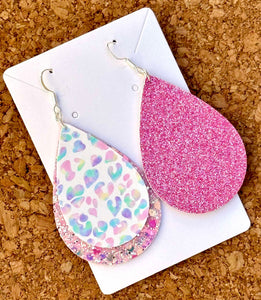 Pink Cheetah Layered Glitter Teardrop Dangle Earrings