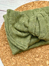 Load image into Gallery viewer, Olive Green Cable Knit Sweater Infant Knotted Bow Headwrap
