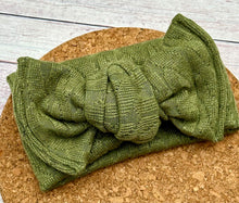 Load image into Gallery viewer, Olive Green Cable Knit Sweater Infant Knotted Bow Headwrap
