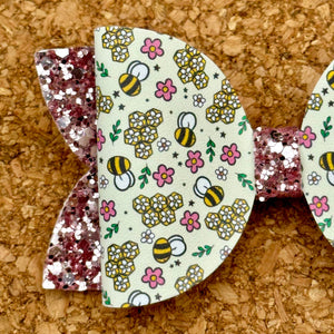 Bees with Pink Flowers Layered Leatherette Bow