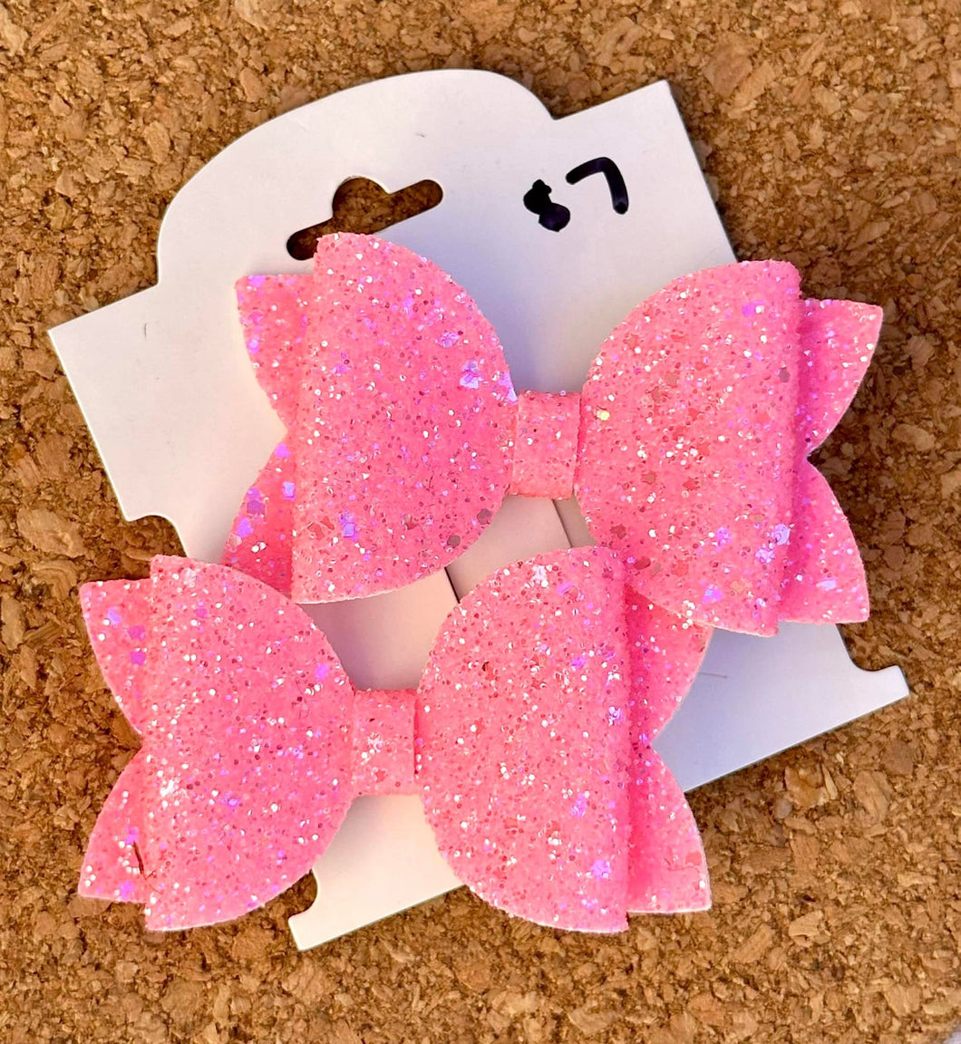 Bright Pink Glitter Layered Leatherette Piggies Bow