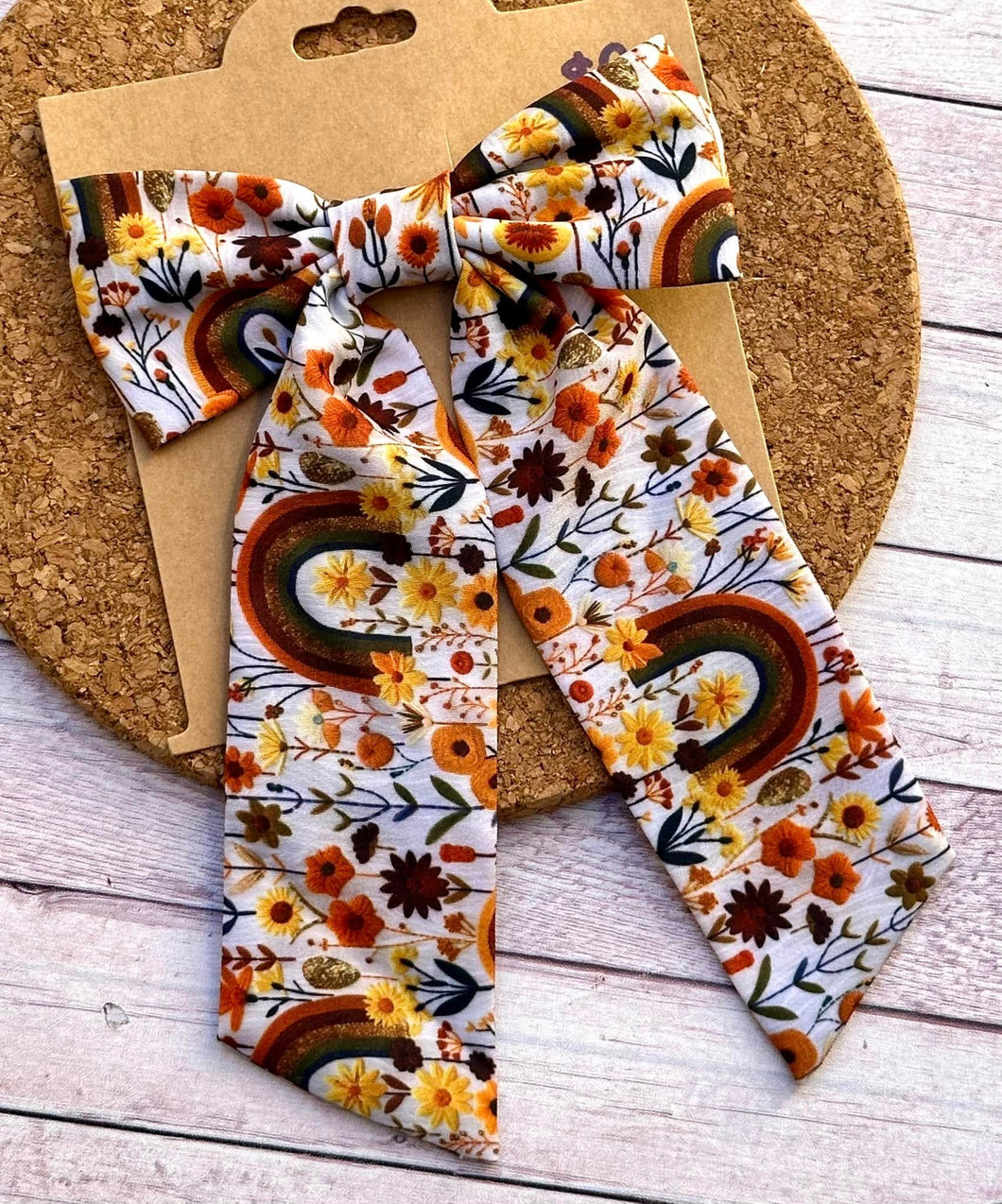 Fall Rainbows Long Tails Fabric Bow