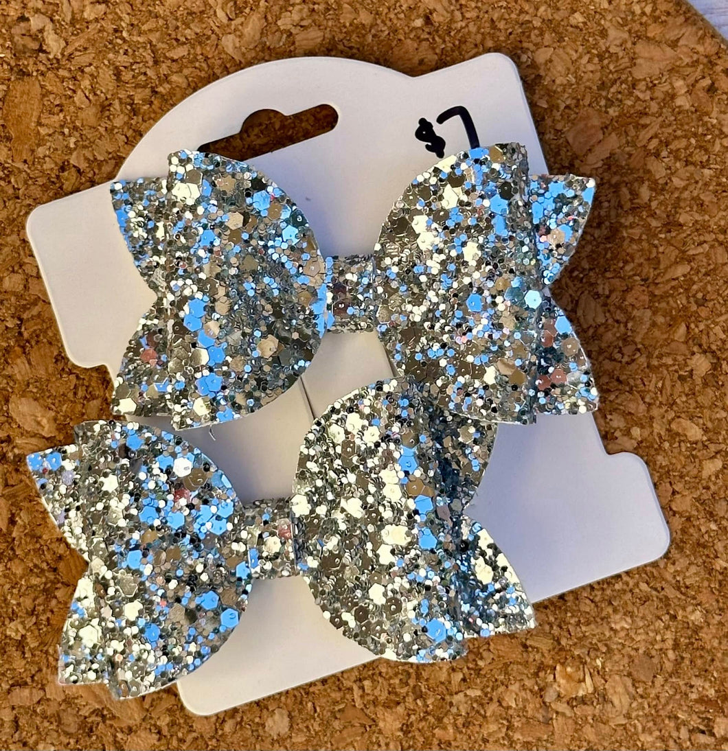 Metallic Silver Glitter Layered Leatherette Piggies Bow