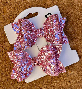 Metallic Pink Glitter Layered Leatherette Piggies Bow