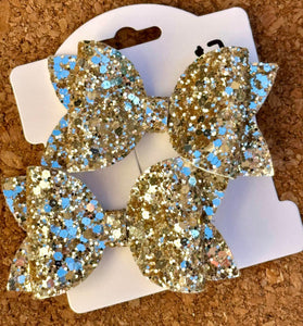 Gold Metallic Glitter Layered Leatherette Piggies Bow