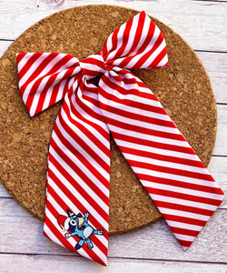 Candy Cane Blue Dog Long Tails Fabric Bow