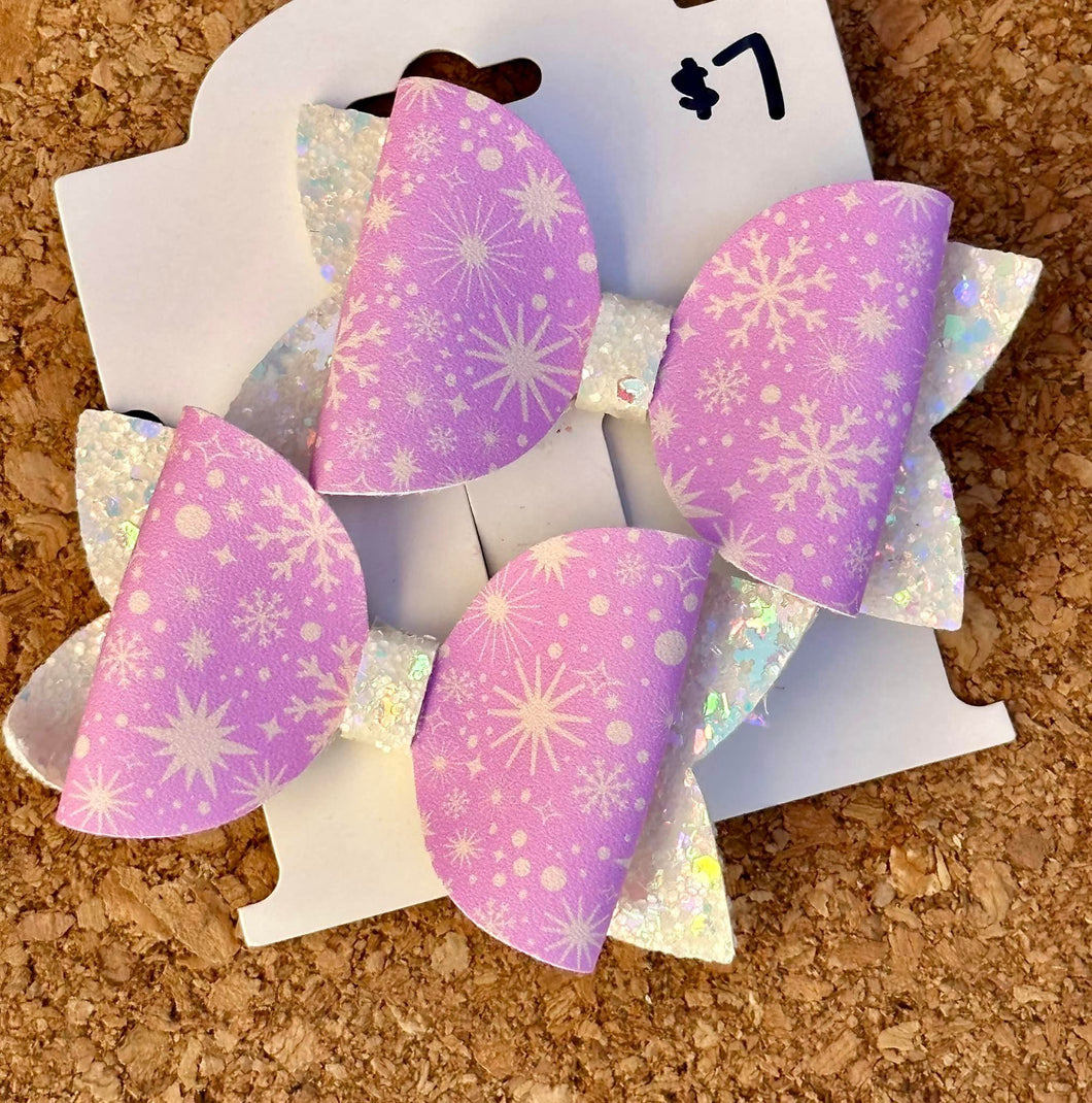 Light Purple Snowflakes Glitter Layered Leatherette Piggies Bow