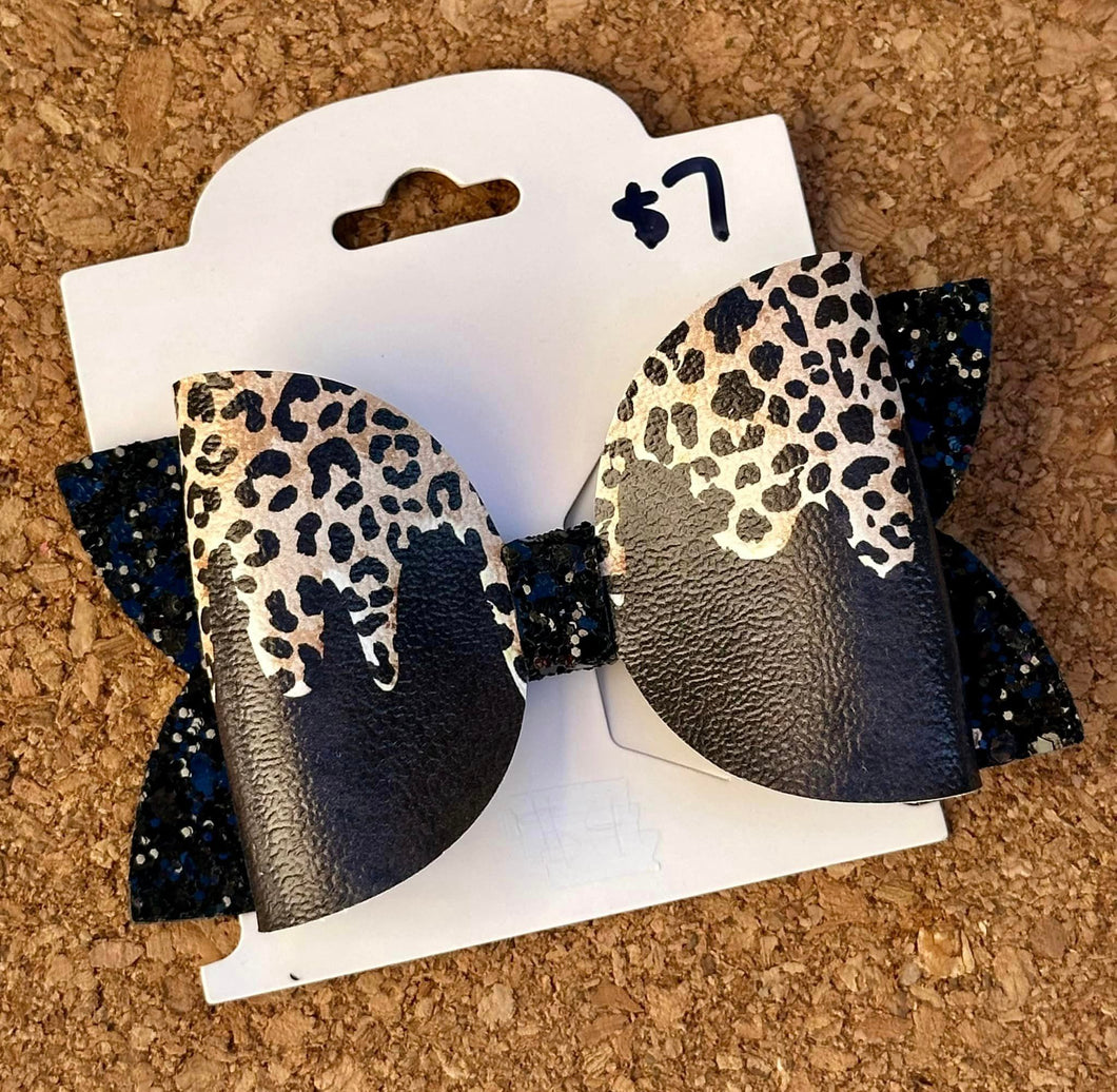 Cheetah Drip on Black Glitter Leatherette Bow