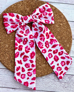 Pink Cheetah Print Long Tails Fabric Bow