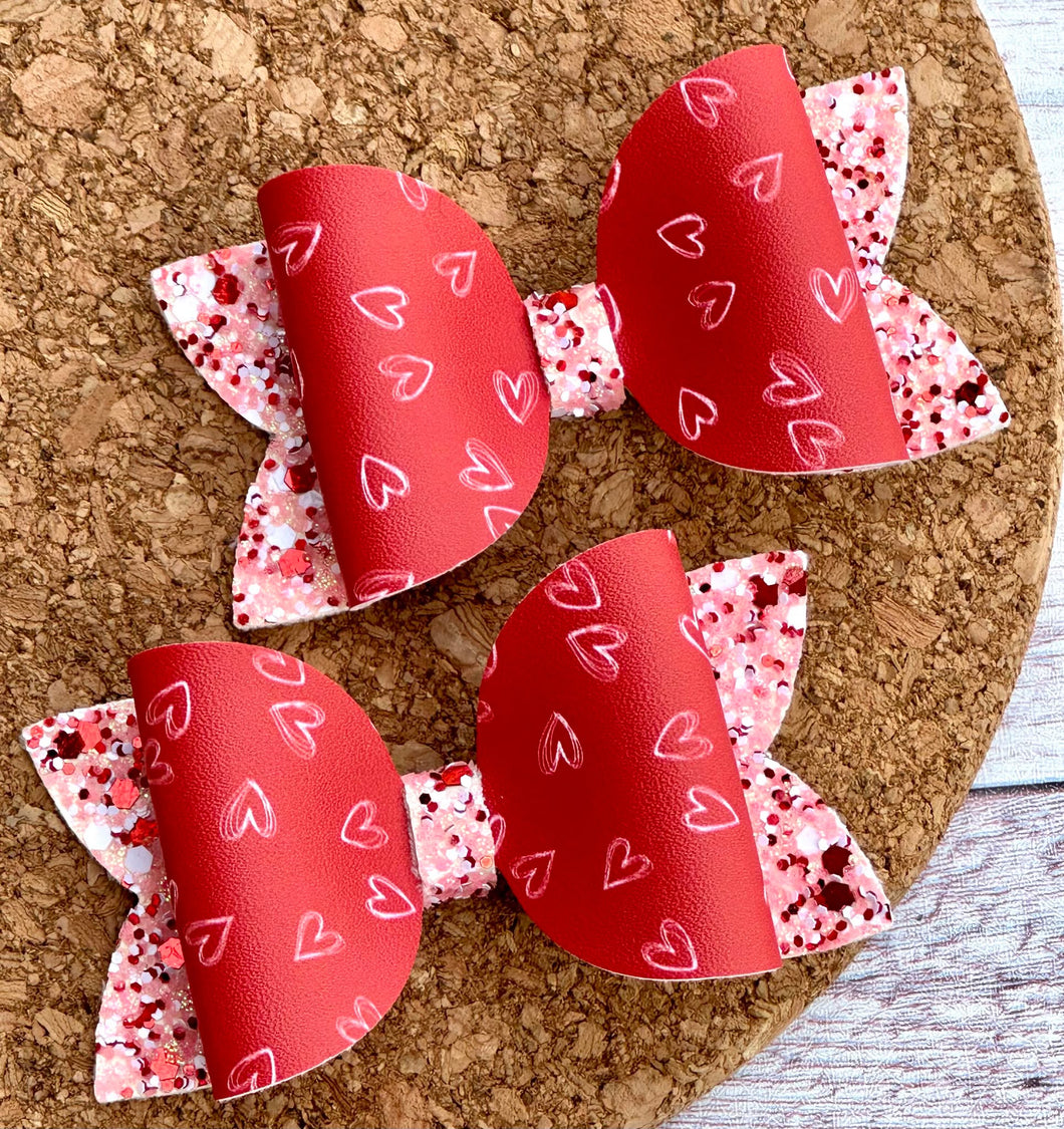 Red Hearts Glitter Layered Leatherette Piggies Bow