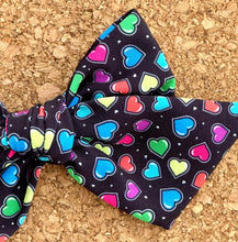 Load image into Gallery viewer, Neon Hearts on Black Short Tails Fabric Bow
