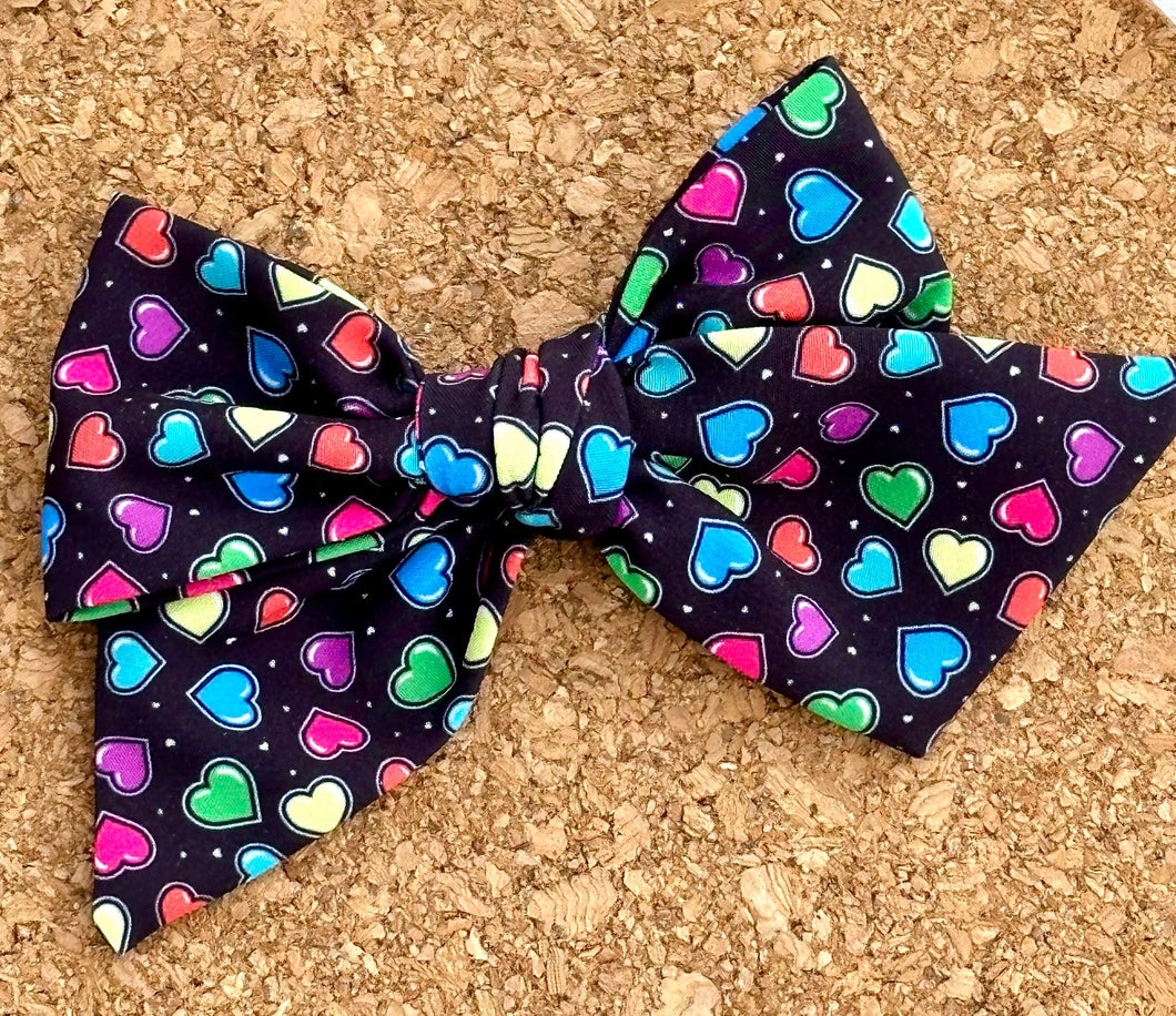 Neon Hearts on Black Short Tails Fabric Bow