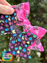 Load image into Gallery viewer, Neon Hearts on Black Short Tails Fabric Bow
