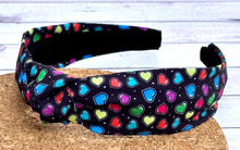 Load image into Gallery viewer, Neon Hearts on Black Hard Knot Headband
