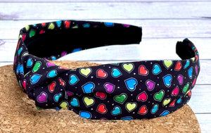 Neon Hearts on Black Hard Knot Headband