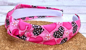 Pink Cheetah Hearts Hard Knot Headband