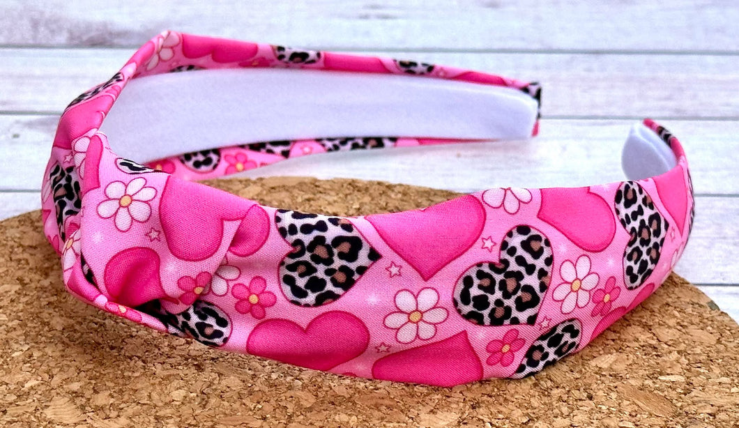 Pink Cheetah Hearts Hard Knot Headband